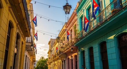 Fototapeta premium Colorful Colonial Architecture and Cuban Flags on a Sunny Street in Old Havana, Cuba - Travel and Culture Concept