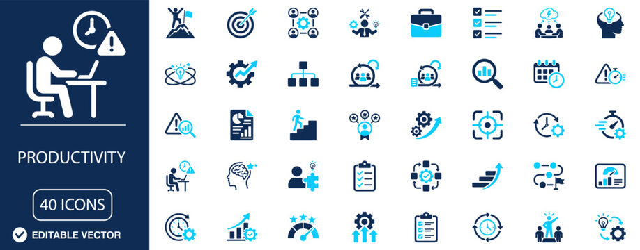 Productivity and Workplace Efficiency Solid Icon Set with Task Management, Workflow Optimization, Performance Improvement and Business Success Vector Symbols