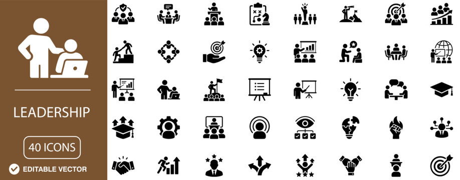 Leadership and Team Management Solid Icon Set with Executive Strategy, Workforce Development, Decision Making and Organizational Growth Vector Symbols