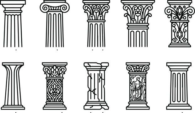 Set of ancient greek and roman column capitals
