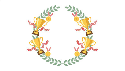 Fototapeta premium Laurel wreath decorated with gold trophies and winner medals on a white background.