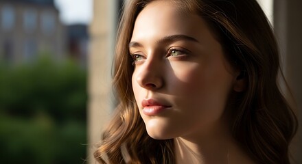 Obraz premium Young woman looking out window thoughtfully.