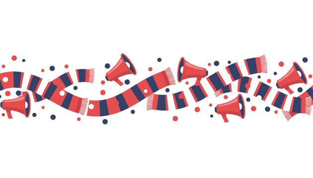 Red and blue striped scarves and megaphones arranged in a horizontal border pattern.