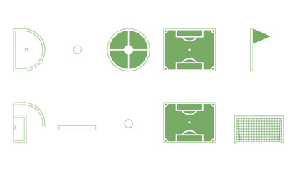 Soccer field tactical diagrams with penalty box, center circle, full field, corner flag, and goal on white background. © Rubel