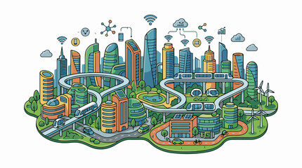 Fototapeta premium A stylized colorful pixelated depiction of a connected sustainable urban environment
