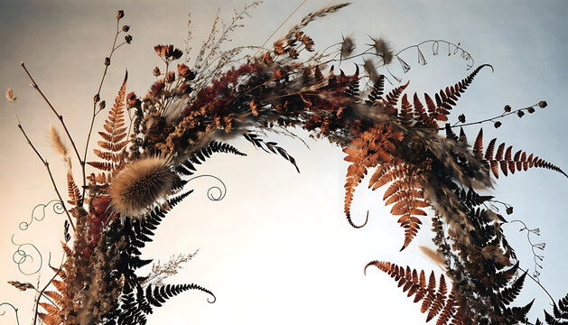 Dried autumn floral arch frame against a pale sky