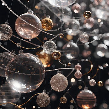 Glass christmas ornaments suspended on strings festive 3d rendering