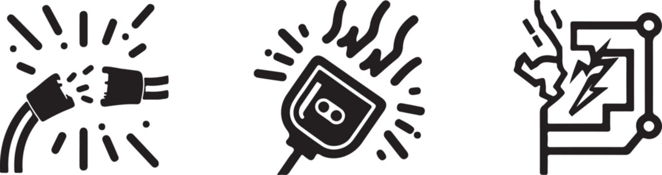 Electricity spark icons showing power surge, overload, and circuit failure