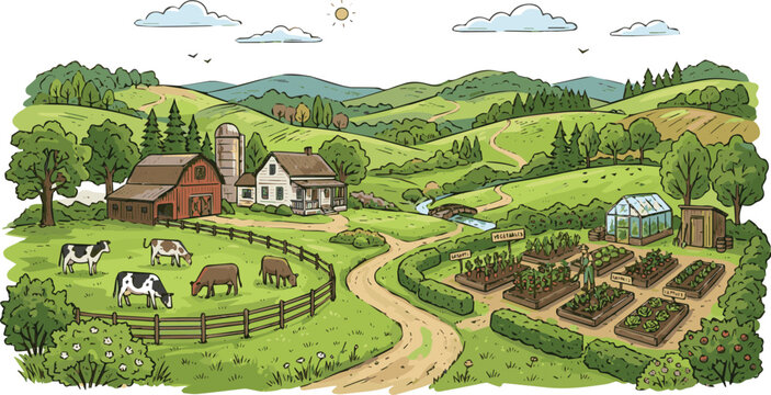 Generated on Hand drawn Rural hills Scenery. Pasture grass for cows and a place for a vegetable garden and farm. Meadows and trees vector art on white background