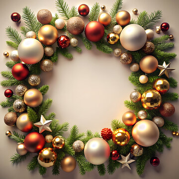 Christmas wreath with ornaments and evergreen branches festive decoration