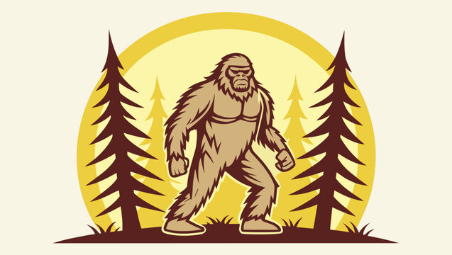 Vector illustration bigfoot or sasquatch standing in a forest with pine trees and a large yellow sun in the background