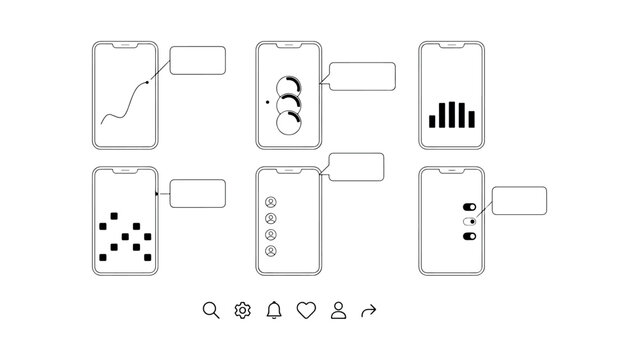 Smartphone app interfaces with graphs charts user profiles and settings icons on transparent background design elements.