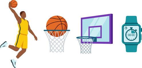 Basketball Sport Vector Set Elements Featuring Player Slam Dunking, Ball in Net, Backboard, Hoop, and Smartwatch Timer for Game Designs © monoara