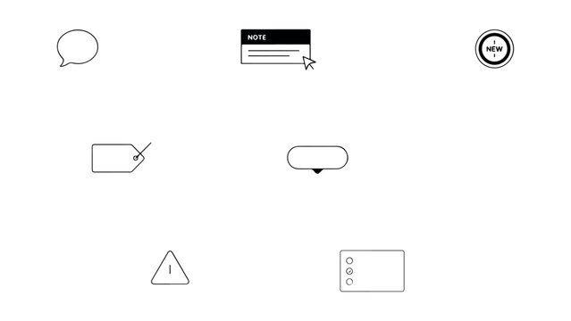 Variety of abstract geometric ui elements including note boxes and warning signs with thin line aesthetics for creative content and documentation tools.