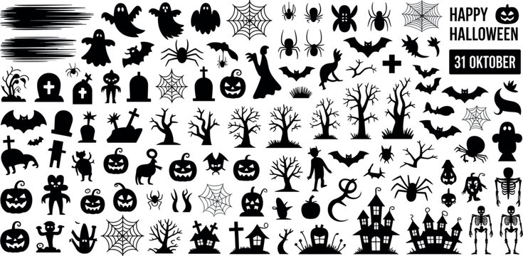 Halloween vector silhouette icon set with spooky ghosts pumpkins haunted houses bats spiders and scary design elements