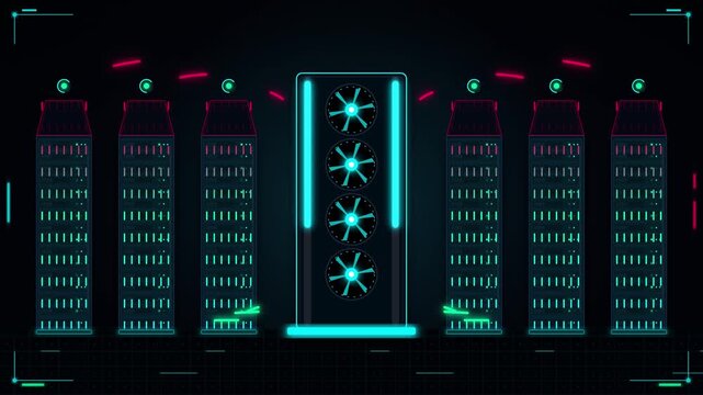 Digital data center server rack animation with neon cooling fans and network connectivity