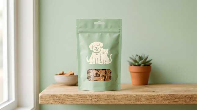 A green bag of pet treats on a wooden shelf with a bowl and plant