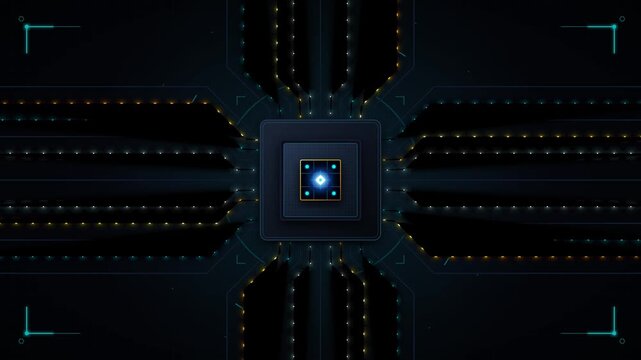 Futuristic cpu processor chip glowing with digital data flow and cybernetic circuitry background