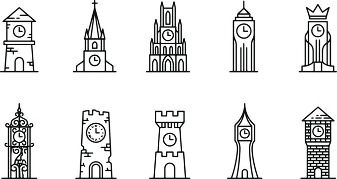 Black and white clock tower icons