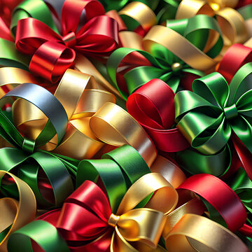 Colorful satin ribbons arranged in decorative bows close up photo
