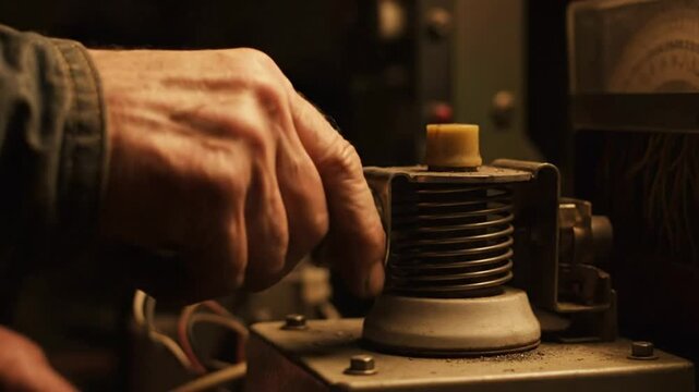 Close-up of a person's hand adjusting a vintage device with a spring, switch, and buttons in a dim room.