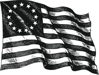 Vintage American Betsy Ross flag with thirteen stars in a circle waving against a white background in a hand-drawn sketch style © Ishtiaq