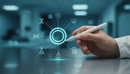 Fototapeta premium Close-up of a hand holding a white smart pen interacting with a glowing holographic medical AI interface featuring healthcare icons in a futuristic lab setting