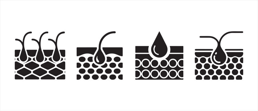 Set of human skin structure icons showing hair follicles and oil secretion in a flat graphic style.