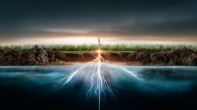 Detailed view of plant root system growing in soil with water beneath and sunrise horizon landscape background illustrating growth energy