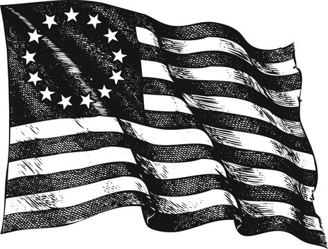 Vintage American Betsy Ross flag with thirteen stars in a circle waving against a white background in a hand-drawn sketch style