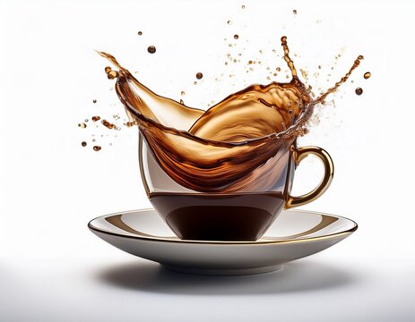cup with saucer with splash of coffee levitating drink isolated on white background