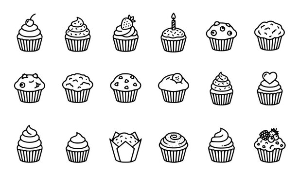 Hand Drawn Cupcake Collection with Different Frosting Styles Dessert Vector Icons