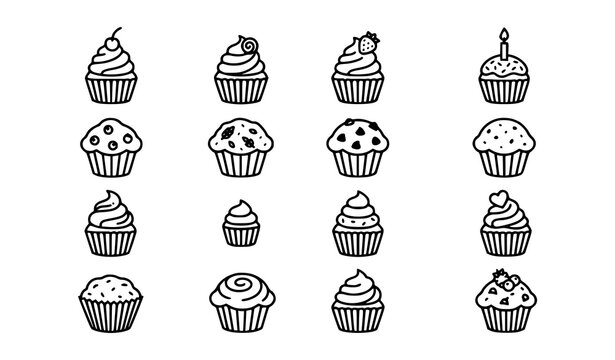 Assorted Cupcake Outline Icon Set Featuring Sweet Bakery Dessert Illustrations