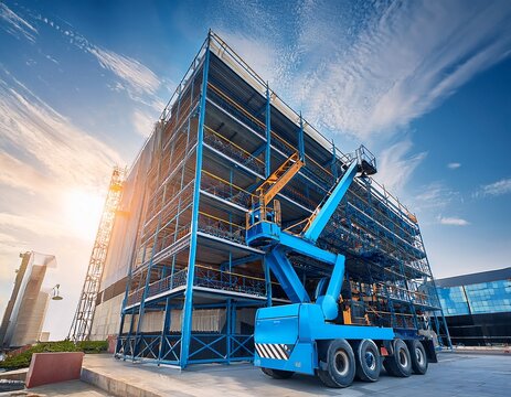 blue working platform on background of building mobile crane at construction site boom lift outdoors telescopic elevator for rent