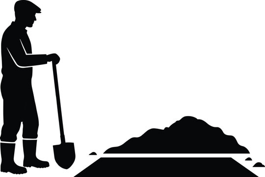 Silhouette of a man digging with a shovel, pile of dirt