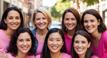 Fototapeta premium Breast cancer awareness month diverse women supporting the fight against breast cancer