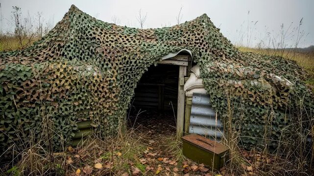 Military bunker covered with camouflage net in field. Fortification in nature for observation. Engineering defense shelter in tactical land warfare area position.