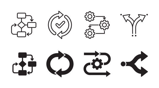 Workflow automation and business logic icons featuring decision trees gears and strategic cycles workflow automation