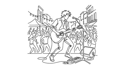 Fototapeta premium Street Musician Performing Live Guitar Concert to Cheering Crowd at Outdoor Festival