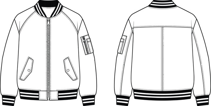 White bomber jacket with black stripes, front and back views
