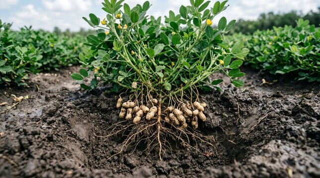 Peanut plant with peanuts growing underground in a farm field