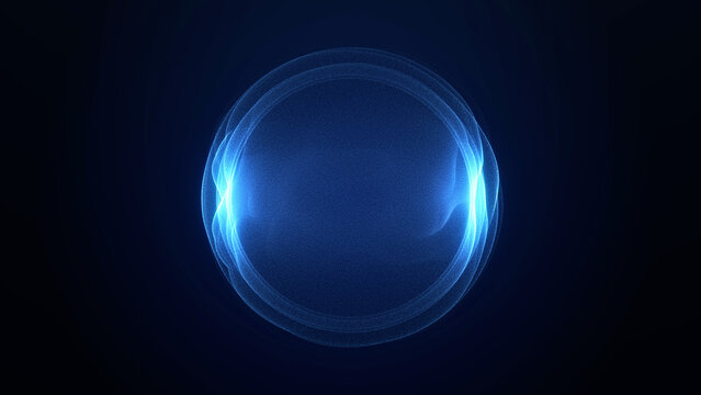 Layered blue particle halos surround a luminous digital core, providing a futuristic concept for cloud computing, data infrastructure, analytics and network visualization.