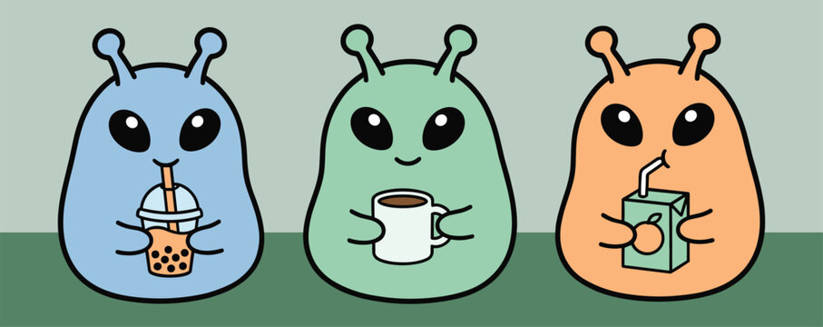 Alien characters enjoying various beverages. Cartoon aliens drinking bubble tea coffee and juice