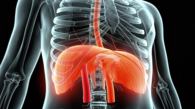 3D Medical Animation of Human Liver Anatomy with Hepatic Vessels and X-Ray Effect on Black Background