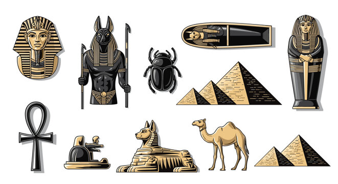 Historical collection of ancient Egypt symbols and artifacts including pharaoh masks anubis statue pyramids sphinx beetle and sarcophagus on white.