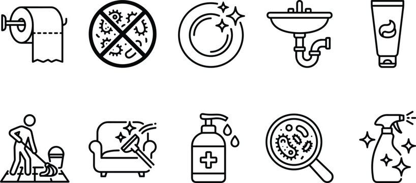 Set of bathroom cleaning and hygiene icons with toilet paper and bacteria and sink and spray on transparent bg.