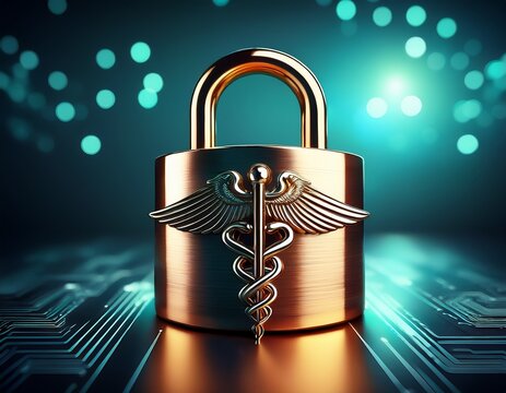 hipaa compliance and medical data security concept with caduceus symbol and padlock on metal token for healthcare privacy and patient record