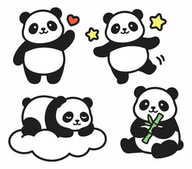 Fototapeta premium Panda bear characters dancing sleeping and eating. Panda bear characters dancing sleeping and eating bamboo