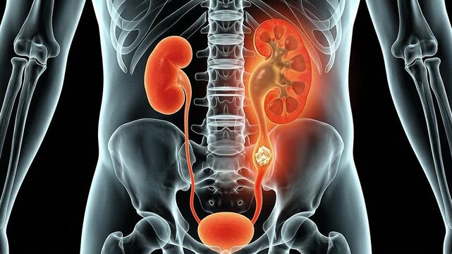 3D Medical Animation of Human Kidney and Urinary Tract with Kidney Stone Highlighted in X-Ray Effect on Black Background