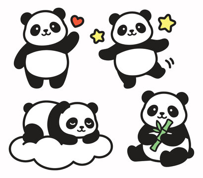 Panda bear characters dancing sleeping and eating. Panda bear characters dancing sleeping and eating bamboo